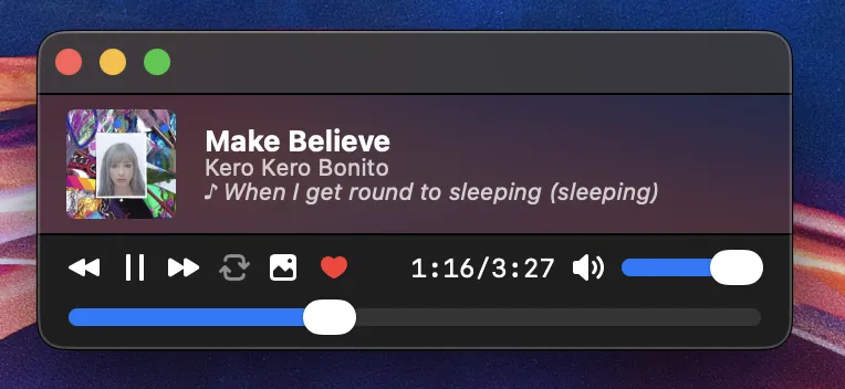 example screenshot of the tinysub app running in a tauri window, in miniplayer mode