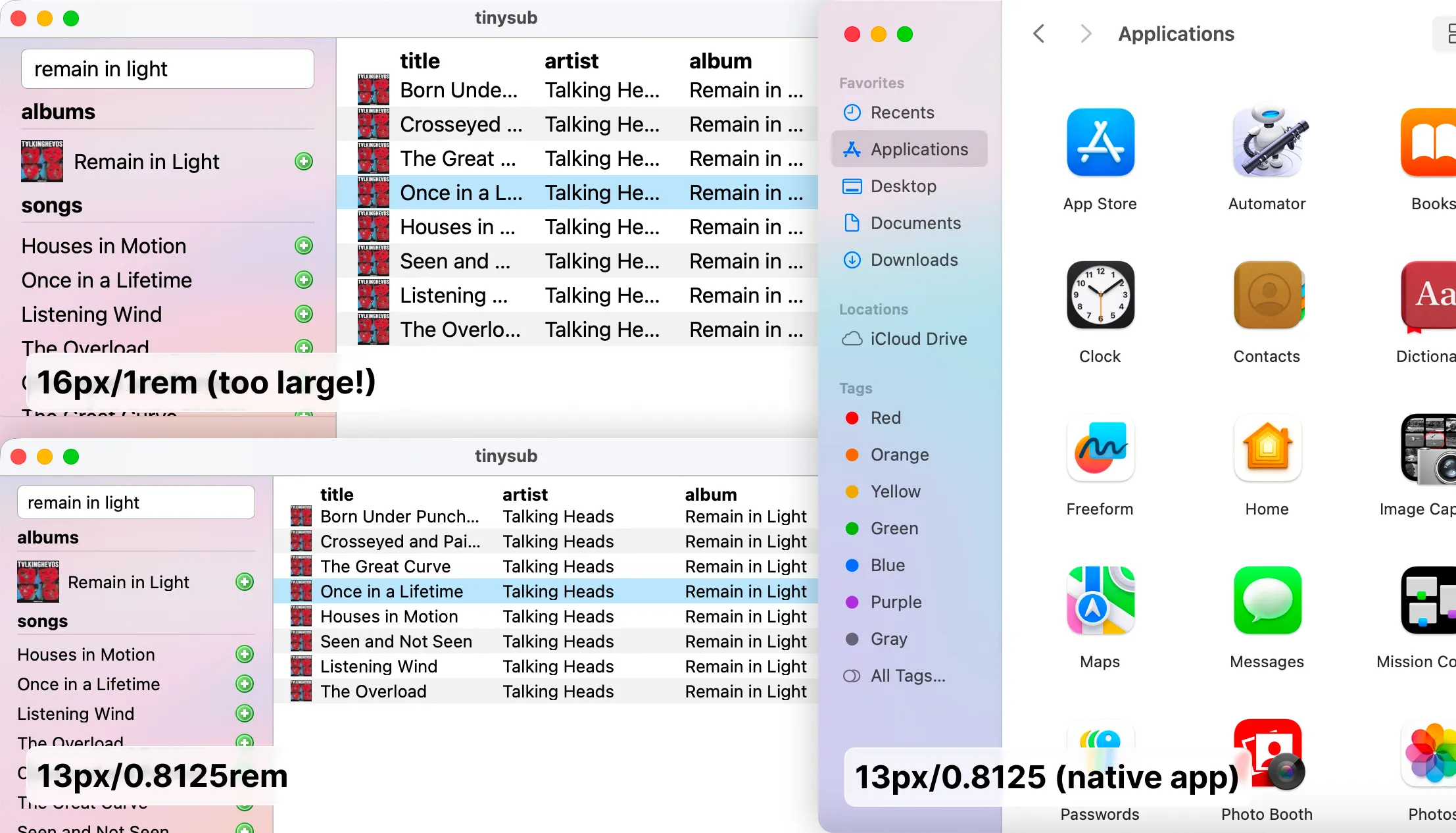 screenshots showing web app with 16px and 13px fonts, and a native app using default font size for comparison
