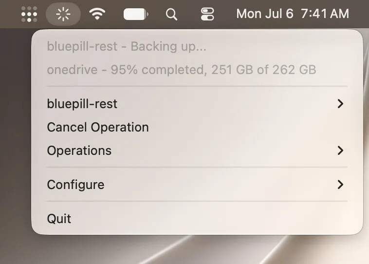 A screenshot of restray's tray menu on MacOS