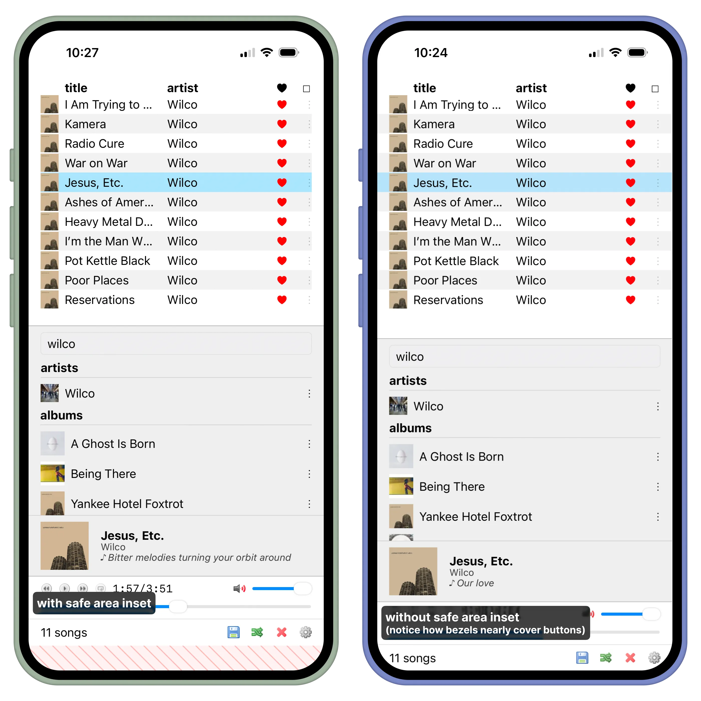 comparison of safe area and no safe area whitespace on a mobile device